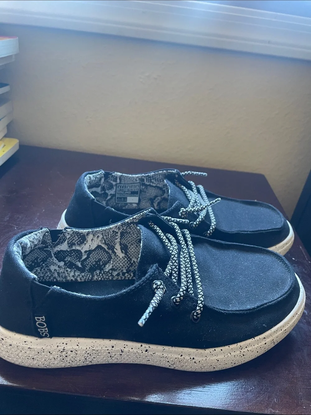 Skechers BOBS Black Canvas Slip-On Loafers with Patterned Lining